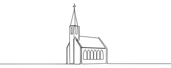 continuous line of church. one line drawing of church, Christian religious place of worship. line art of church isolated white background