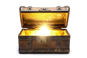 A wooden treasure chest with its lid open, its interior glowing brightly as if lit from within. The background is white.