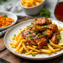 Delicious Grilled Chicken Served with Crispy Fries and Flavorful Side Dishes for a Perfect Meal