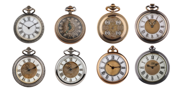 Vintage Pocket Watches Collection on Transparent Background