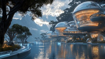 Futuristic cityscape development vibrant waterfront digital art serene environment nighttime view innovative architecture