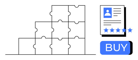 Puzzle pieces forming a chart, user profile with rating stars, and BUY button. Ideal for customer review systems, e-commerce visuals, marketing strategy, product feedback, quality assessment, user