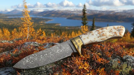 Hunting Knife in Autumnal Mountain Landscape