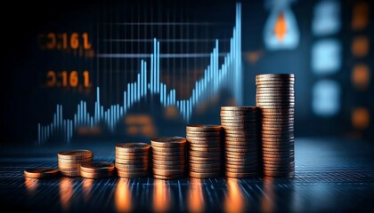 A stack of coins against a backdrop of a financial graph, symbolizing growth and investment in the financial market.
