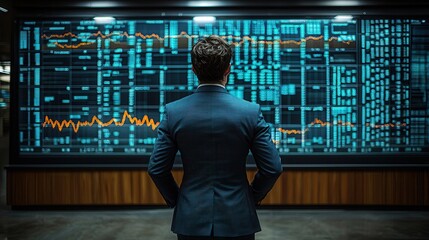 Man reviewing financial data on a large screen, contemplating investment strategies and market trends.  The scene is set in a modern, professional environment. The focus is on the decision-making proc
