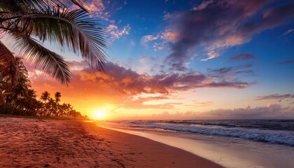Vibrant beach sunset with silhouettes of palm trees against a dramatic, colorful sky, creating a tropical, serene, and breathtaking coastal scene perfect for travel and relaxation themes.
