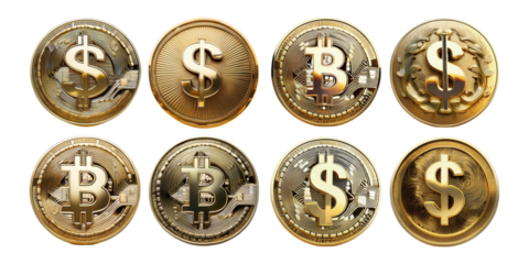 Variety of Digital Currency Coins on Display,PNG set collection, isolated on transparent background