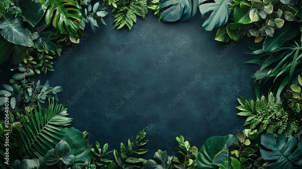 Poster Creative layout made of tropical leaves creating a frame on dark background