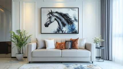 luxury living room interior with horse painting. watercolor
