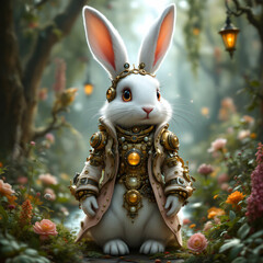 Steampunk Rabbit Character in a Lush Fantasy Garden Setting with Flowers and Lanterns