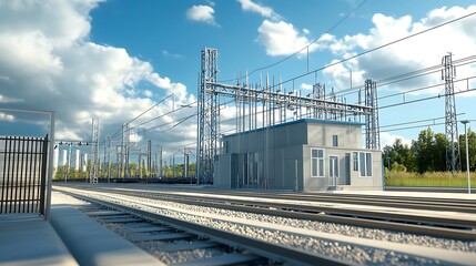 Fototapeta premium Train station infrastructure with electrical equipment and tracks.