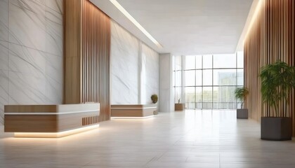 Obraz premium A modern, spacious lobby featuring elegant wood accents, marble walls, and large windows allowing natural light.