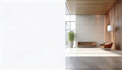 Fototapeta premium A modern, minimalist interior featuring wooden accents, natural light, and a cozy seating area with greenery, creating a serene atmosphere.