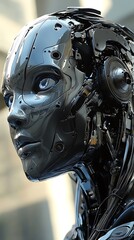 A close-up of a sleek, futuristic humanoid robot's face.