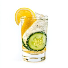 A refreshing gin fizz with lemon twist and cucumber slice, displayed on an isolated white...