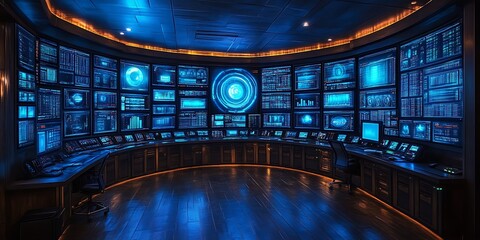Futuristic control room with numerous monitors displaying data.