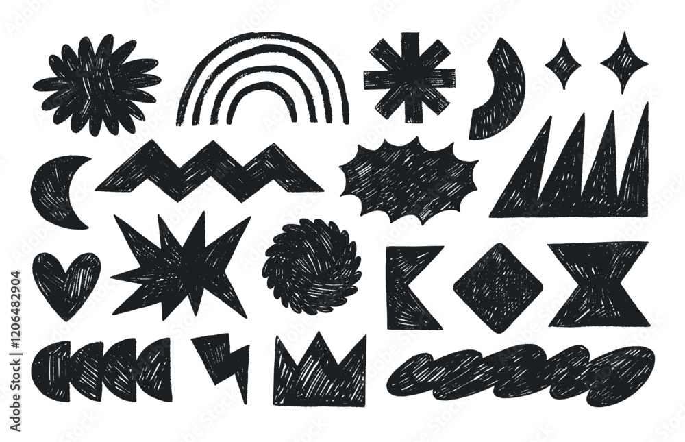 Poster crayon drawn funky style geometric shapes and figures. doodle primitive forms with pencil texture. h