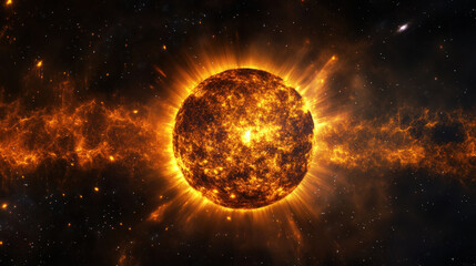 Obraz premium Fiery Celestial Inferno: A breathtaking depiction of a fiery star or celestial body, radiating intense heat and light amidst a swirling nebula of cosmic dust and gas.