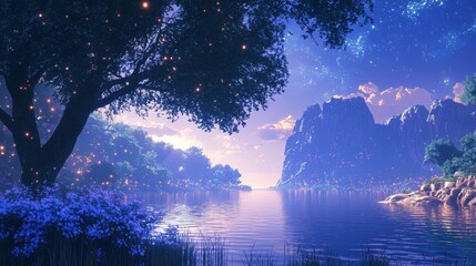 Naklejka premium Magical nighttime reflection enchanted lake digital art serene nature tranquil viewpoint dreamlike concept