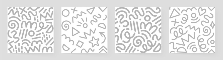 Set of trendy Memphis geometric patterns. Modern basic shapes: star, arrow, triangle, circle, heart, zigzag, spiral, wavy lines. Cool abstract background, retro 80s, 90s style. Cute kid doodle design.
