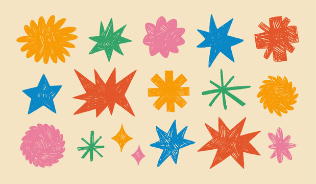 Funky star shapes and figures with crayon texture. Brutal contemporary colorful star figures, flower and sun. Hand drawn primitive geometric elements. Swiss design aesthetic. Scribbles and scrawls.