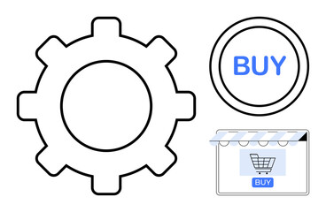 Large gear, a blue BUY button, and a storefront icon with a shopping cart on a screen. Ideal for themes of technology, online shopping, digital marketing, e-commerce, website design, customer