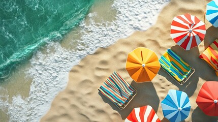 Sandy Beach Scene With Colorful Umbrellas And Lounge Chairs