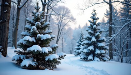 Fototapeta premium Snow-covered forest with a majestic snow-covered pine tree, bare trees, festive decor
