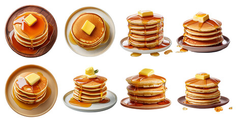Delicious stack of pancakes with butter and syrup isolated on transparent background perfect for breakfast themes