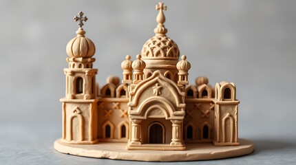 Obraz premium Miniature church model, beige clay, intricate detail.