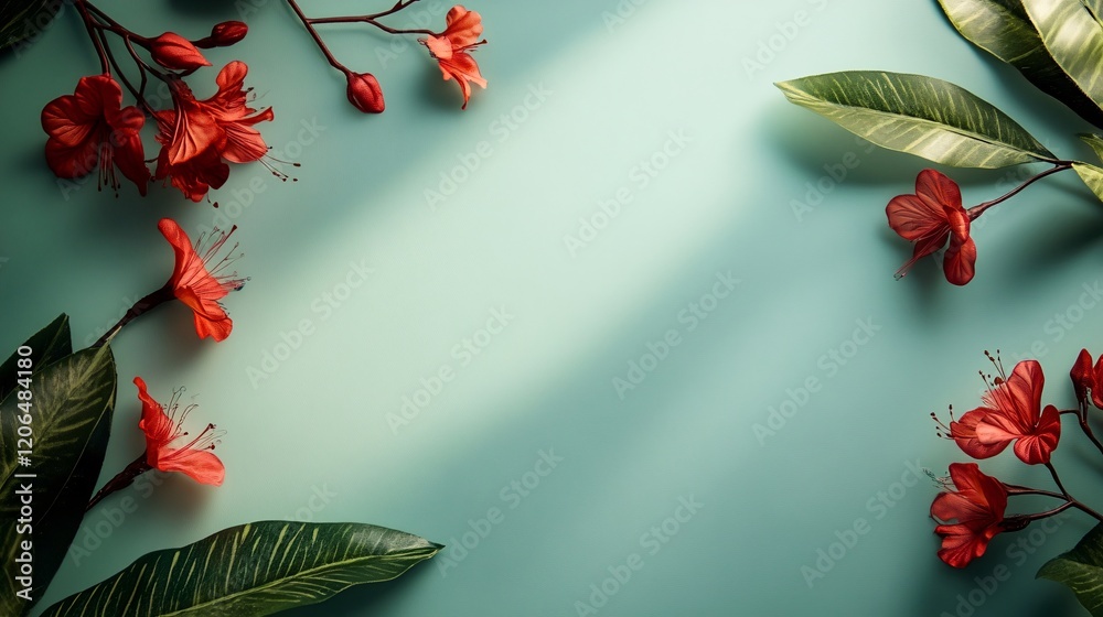 Aufkleber red tropical flowers and leaves creating a frame on teal background