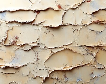 Cracked, textured, beige wall surface.