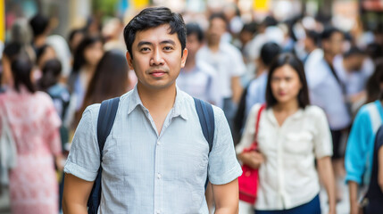 Fototapeta premium Latino man with a backpack walking down a street full of people
