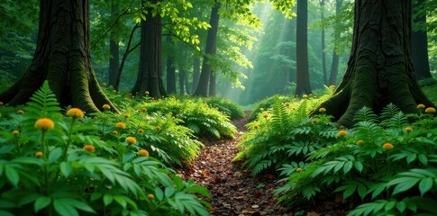 Fototapeta premium The forest floor is carpeted with ferns and wildflowers, , dense foliage, forest floor