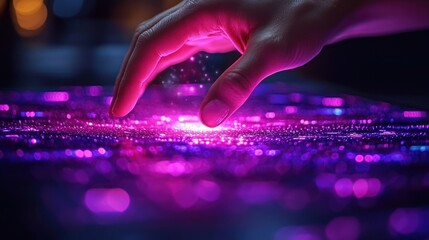 Interacting with a Futuristic Glowing Digital Interface: A Hand Interacts with Vibrant Pink and Purple Light Effects, Evoking Technological Innovation
