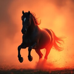 Majestic black horse running at sunset. (2)