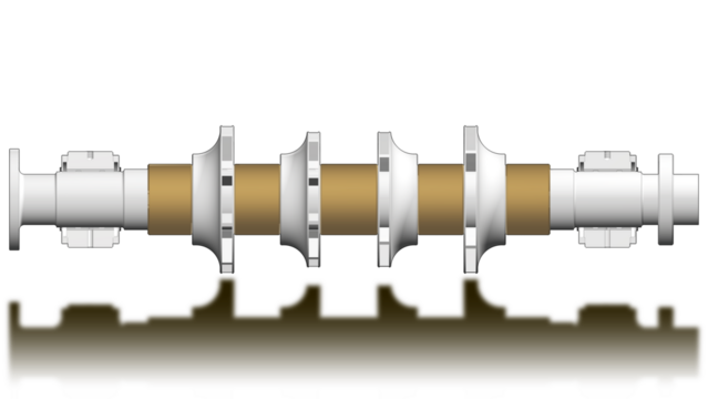 Centrifugal compressor rotor turbomachinery illustration showing a back-to-back barrel design multiples stages of impeller