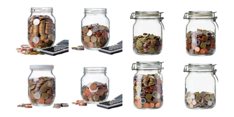 Various Jars with Coins on Transparent Background