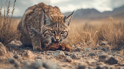 Obraz premium Bobcat Eating Prey In A Desert Habitat