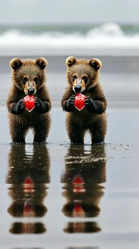 Two bear cubs standing on the beach holding red objects while reflecting in the wet sand