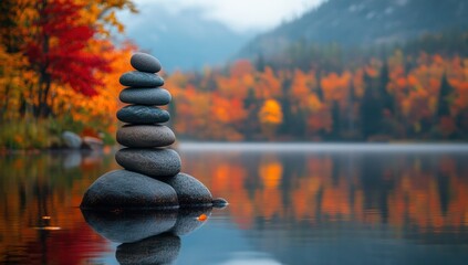 Obraz premium Zen Stones on a Still Autumn Lake