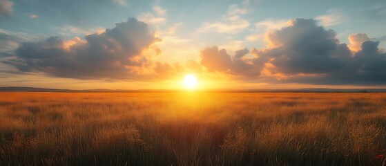 Fototapeta premium Sunset over golden field, cloudy sky
