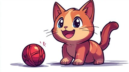 Playful Orange Tabby Kitten with Red Yarn Ball in Pixel Art Style