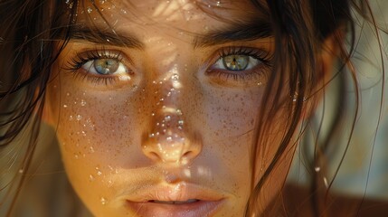Radiant Young Woman with Freckles: A Close-up Portrait in Sunlight