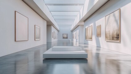 Fototapeta premium Modern Art Gallery with Paintings and a Reflective Floor