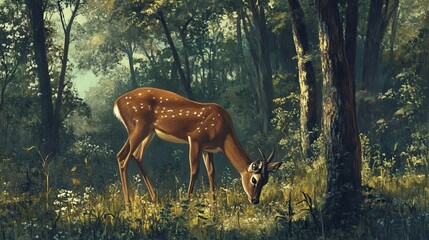 Spotted Deer Grazing in a Lush Forest Setting
