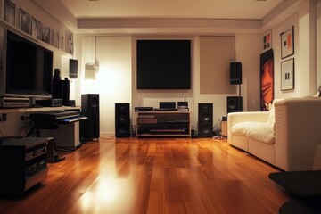 Home theater room with hardwood floors, audio equipment, and comfortable seating.
