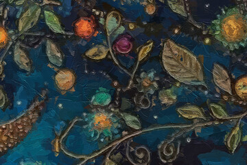 Various oil paintings, floral landscapes, chrysanthemums, marine creatures, tigers, and beauty