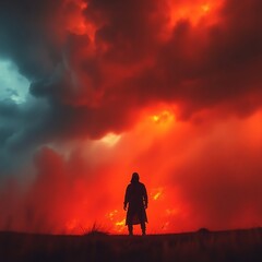 Obraz premium Silhouetted figure facing fiery, ominous sky.