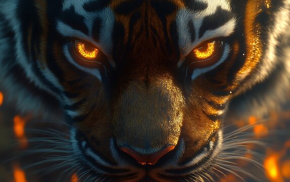 Fierce tiger with glowing eyes in fire.